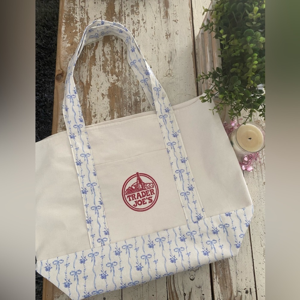 Custom Trader Joe's White and Blue Bow Tote Shopping Bag